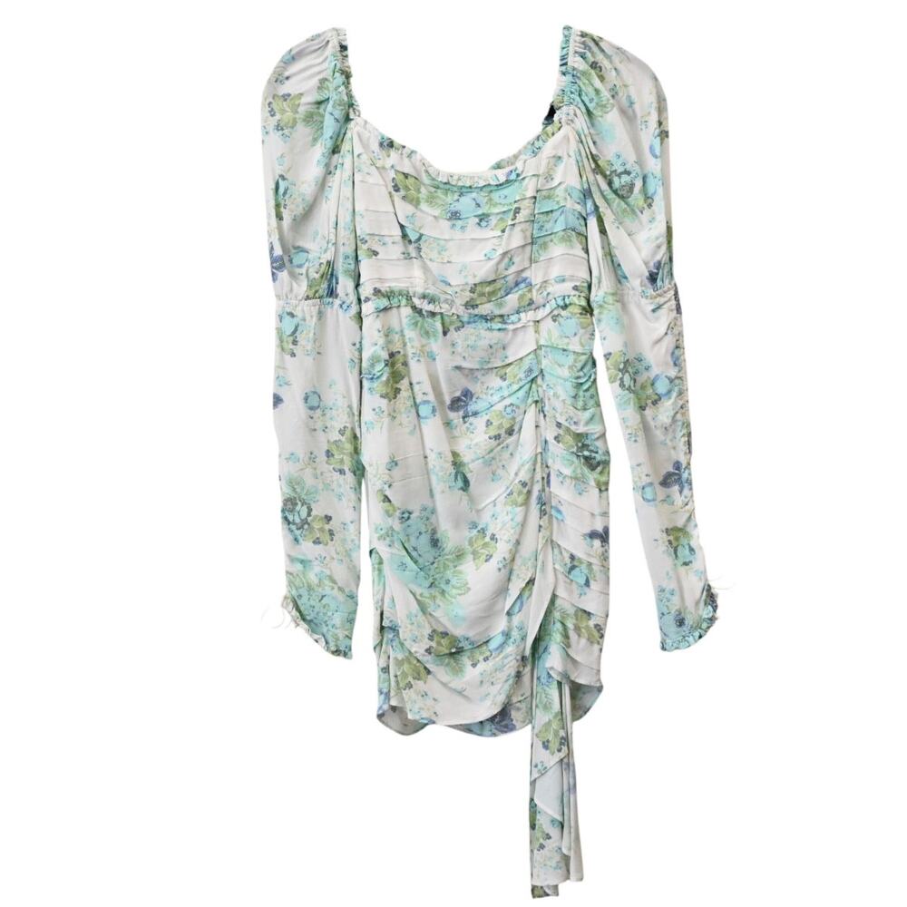 For Love & Lemons Eileen Blue Floral Ruched Draped Mini Dress Size XS